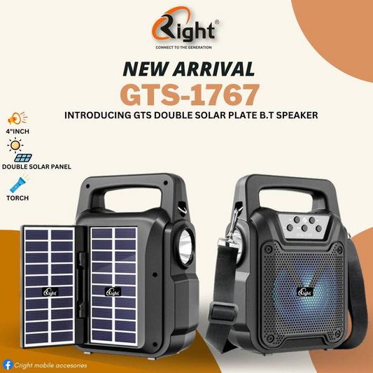 Right Brand GTS-1767 Portable 4-Inch Bluetooth Speaker with Dual Solar Panels & Torch Light
